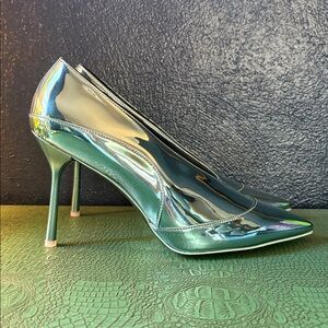 Aqua mirror-metallic pointed-toe power pumps with turquoise 110mm stiletto heel
